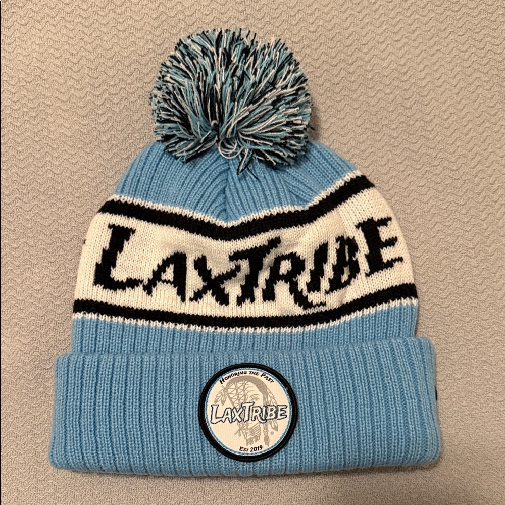 Blue and White Pom Beanie